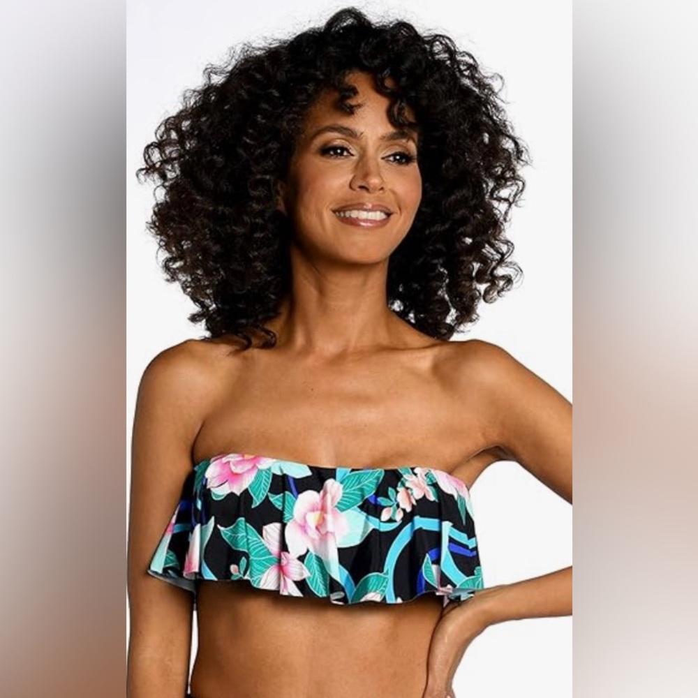 NWT $83 La Blanca Tropical Bandeau Bikini Swim Swimsuit Top 4 XS Black Floral - Picture 7 of 16